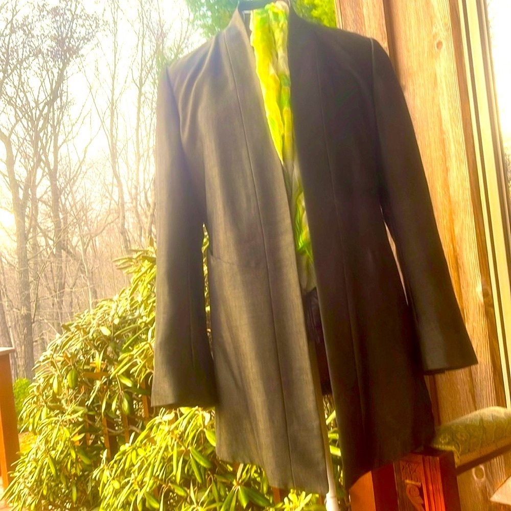 Sara Sturgeon dark green draped open front jacket.  Simple, clean and refined.